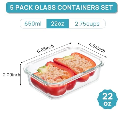 Vtopmart 5Pack 22oz Glass Storage Containers with Lids, Glass Meal Prep Food Container Sets with Snap Airtight Lid for Microwave, Oven, Freezer and Dishwasher, Blue