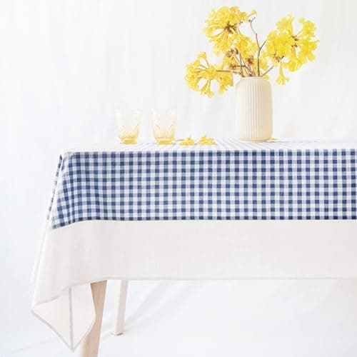 MONDAY MOOSE Gingham Checkered Farmhouse Rustic Picnic Style Decoration Rectangle Natural Stonewashed Cotton Tablecloth for Kitchen, Dining Room, Restaurant (55x70 inch, Blue/White) — view 7