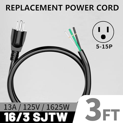 Vockjour 2 Pack 3 ft 16/3 Appliance and Power Tool Cord, 14 AWG 3 Prong Black Heavy Duty Replacement Power Cord with Open End, NEMA 5-15P, 125V AC Pigtail, 13A 1625W, ETL Listed