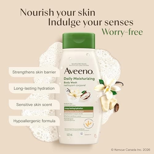 Aveeno Daily Moisturizing Body Wash with Cocoa Butter Vanilla Scent & Soothing Prebiotic Oat, Provides Long-Lasting Hydration for Sensitive Skin, Hypoallergenic, Paraben-Free, 532 mL — view 2