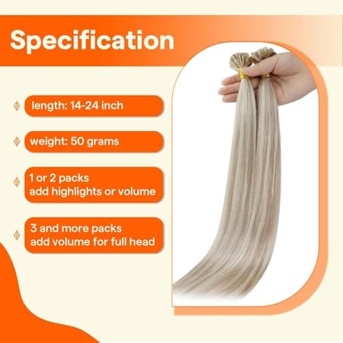 Full Shine K Tip Human Hair Extensions, 18/613 Platinum Blonde with Ash Blonde Highlights, 18 Inch, 50G, Keratin Fusion Prebonded Tip, Frosted Face Frame, Polished Curls, Formal Night, Bachelorette — view 3