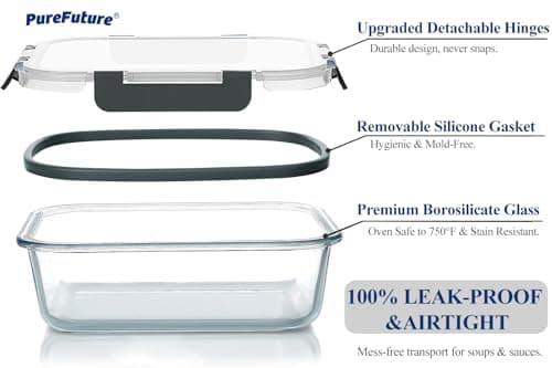 Pure Future 10-Piece Set (5-Pack, 36oz) Borosilicate Glass Food Storage Containers with Upgraded Detachable Locking Lids - Leak Proof Meal Prep Lunch Boxes, Oven/Microwave Safe — view 3