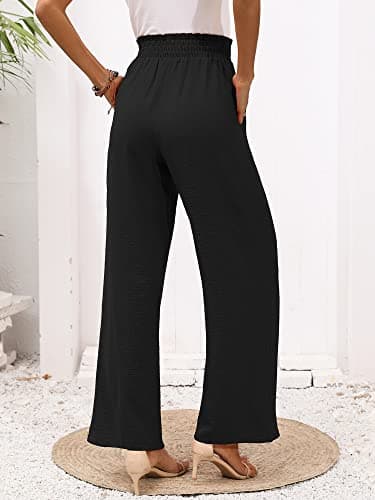 Heymoments Wide Leg Women Pants Casul Lightweiht Waisted Adjustable Tie Knot Loose Comfy Flowy Casual Black Large Trousers with Pockets — view 4