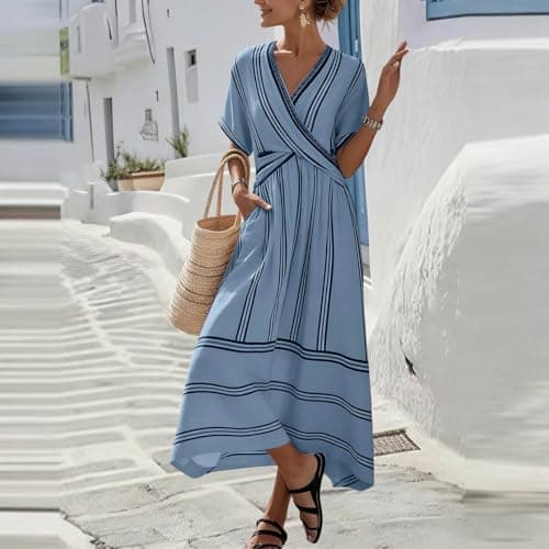 Women's Summer Boho Striped Print Midi Dress Short Sleeve Deep V Neck Criss Cross Empire Waist Flowy Beach Dress Blue-L — view 2