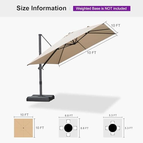 PURPLE LEAF 10'x 10' Patio Cantilever Umbrella Outdoor Square Adjustable Offset Umbrellas with 360-degree Rotation and 8 Heavy Duty Metal Ribs for Garden Deck Pool,Beige — view 7