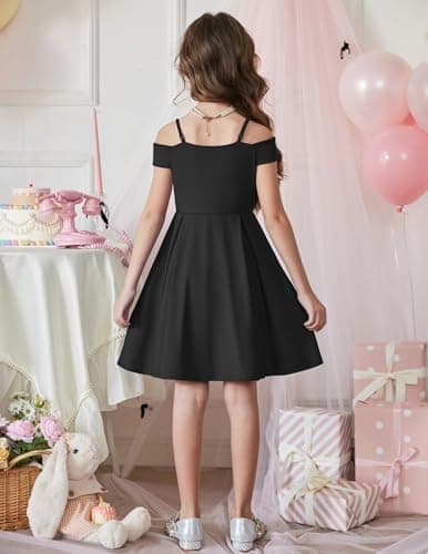 Arshiner Girls Summer Dress Off Shoulder Fold Pleated Formal Elegant A-Line Party Dresses with Pocket Black for 11-12Years Girls — view 5
