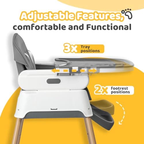 JOYMOR 5 in 1 Baby High Chair for Babies and Toddlers, Portable Highchair Fold Compact, ConvertibleBaby Feeding Chair Booster for Eating with Detachable Double Tray, 5 Point Harness (Grey&White)