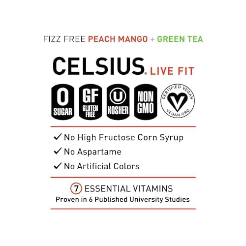 CELSIUS Fizz Free Peach Mango Green Tea, Sugar Free Energy Drink, 12 Fl Oz (Pack of 12) — view 3