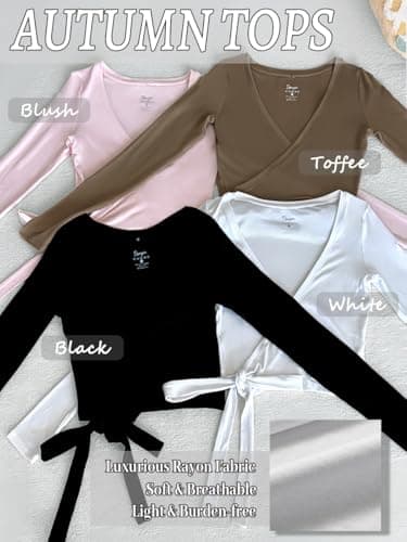 Danysu Ballet Wrap Tops Pilates Yoga Long Sleeve Outfits V-Neck Tie Waist Dance Shirts Y2K Fall Cardigans White XS — view 4
