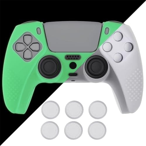 eXtremeRate PlayVital Glow in Dark - Green 3D Studded Edition Anti-Slip Silicone Cover Skin for ps5 Controller, Soft Rubber Case Protector for ps5 Wireless Controller with 6 Black Thumb Grip Caps