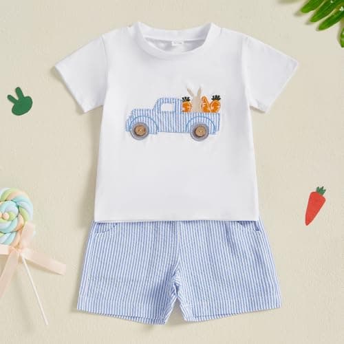 Toddler Baby Boy Easter Outfits Short Sleeve Truck Embroidery T-Shirt + Shorts Set Boys Spring Clothes (White, 6-12 Months) — view 2
