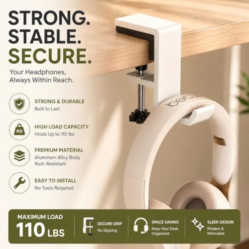 Headphone Stand - Aluminum Alloy Headphone Holder, Under Headset Stand for Desk Fit for PC Gaming Headset Hanger Hook Suitable for Office, Computer, Student Class Desk, Handmade Creator Table (White) — view 3