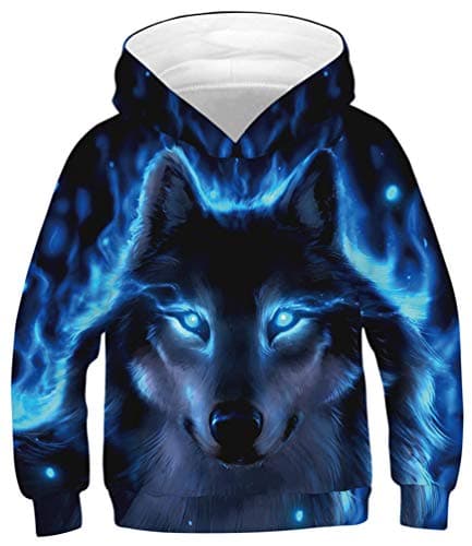 Imbry Boys Girls 3D Printed Hoodie for Kids Animal Hooded Pullover Sweatshirt(M,Blue Wolf)