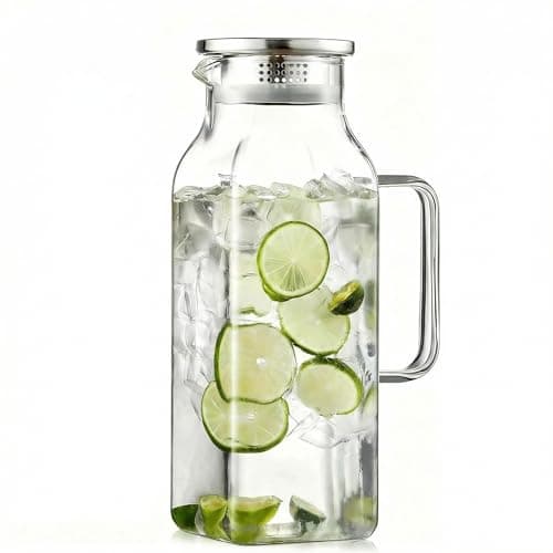 SYDALARAW 2 Liter Glass Pitcher with Lid and Handle, 68 oz Square Borosilicate Water Jug for Fridge, Wide Mouth Carafe with Strainer for Iced Tea, Juice, Milk, Hot or Cold Drinks