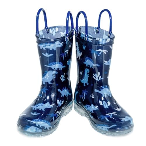 HugRain Toddler Boys Rain Boots Little Kids Baby child Light Up Waterproof Rubber Shoes Dinosaur Printed Mud Lightweight Adorable with Easy-On Handles Non Slip Sole Blue Size 8 — view 2