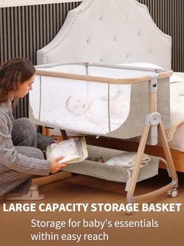 Baby Bassinet, Basinet Bedside Sleeper with Waterproof Bassinet Sheets and Soft Mattress, Safe Adjustable Height Bedside Bassinets with Wheels, Girl/Boy Bassinets, Jestonten (Khaki) — view 4