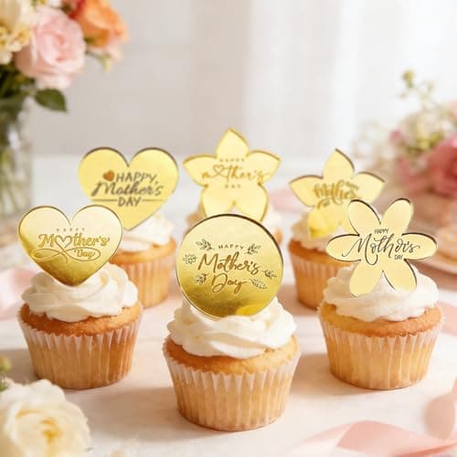 SKTMH 9Pcs Happy Mother's Day Cupcake Toppers, Mirror Acrylic Cupcake Toppers for Mother's Day Birthday Day Cake Decorations, Butterfly/Flower/Heart Shape Designed Cake Decorations — view 4