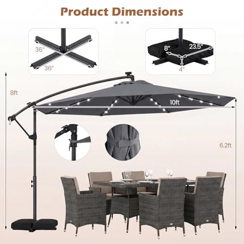 Tangkula 10ft Solar Patio Umbrella with Base Included, Offset Cantilever Outdoor Umbrella with 32 LED Lights, 360 Degree Rotation, Crank Handle for Pool Deck Garden Backyard (Gray) — view 5