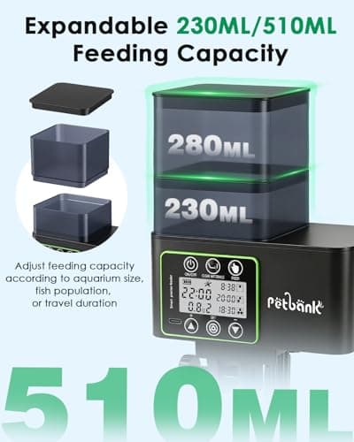 Petbank Automatic Fish Feeder for Aquarium - 230/510ml Timer Fish Feeder Dispenser with 0.1-2g Precision Feeding, Moisture-Proof Auto Fish Feeder with Feed Cleaning & Shortage Alert, USB Rechargeable — view 5