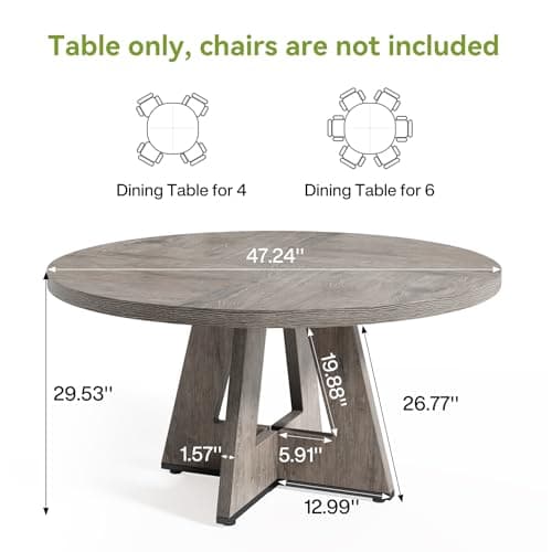 LITTLE TREE Round Dining Table for 4-6 People, 47 Inches Grey Dining Room Table with Wooden Pedestal Base, Farmhouse Dinner Tables, Circle Kitchen Tables for Dining, Kitchen, Living Room — view 2