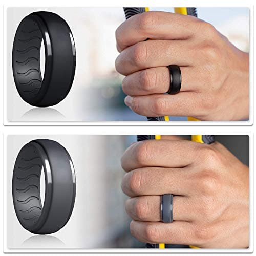 Dookeh Breathable Mens Silicone Wedding Rings, Rubber Ring Bands For Men, Black Blue Camo Engagement Band, Best for Workout, 1-4-7 Pack (W3-Titanium,Dark Gray,Cast Iron,Black, size 11) — view 2