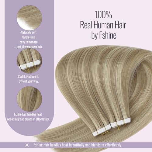 Fshine Tape in Hair Extensions 12 Inch 30g Dark Ash Blonde Highlighted Golden Blonde Hair Extensions Tape in Real Hair 20pcs Invisible Straight Blonde Tape in Remy Human Hair Extensions for Women — view 3