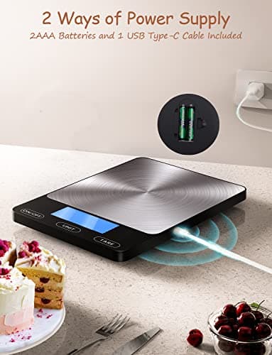 Food Scale -33lb Digital Kitchen Scale for Food Ounces Grams Rechargeable 304 Stainless Steel,Batteries and Type-C Charging | Perfect for Meal Prep, Cooking, and Baking, Black — view 2