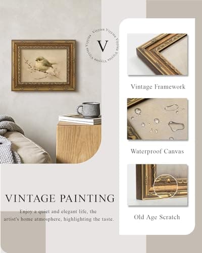 VIYYIEA Gold Framed Bird Canvas Wall Art, Vintage Birds Wall Decor for Living Room Nursery Bedroom, Rustic Minimalist Painting, Great Gift for Bird Lover, 8x10 Inch, No Glass