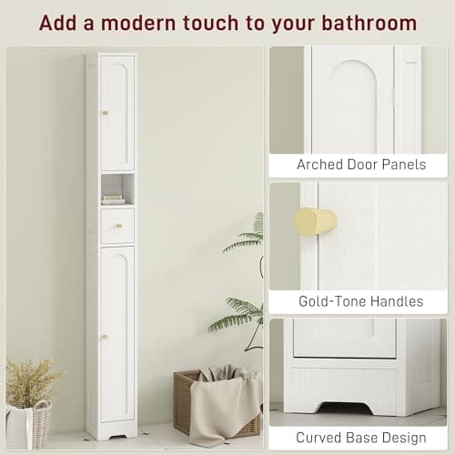 HOMCOM Tall Bathroom Cabinet, Modern Slim Bathroom Storage with Arched Doors, Drawer and Open Shelf, Narrow Storage with Adjustable Shelves, White — view 5