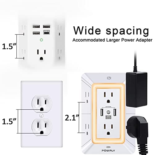 POWRUI Multi Plug 6 Outlet Surge Protector Extender with 3 USB Ports (1 USB C) and Night Light, 3-Sided Power Strip with Adapter Spaced Outlets, ETL Listed, White — view 6