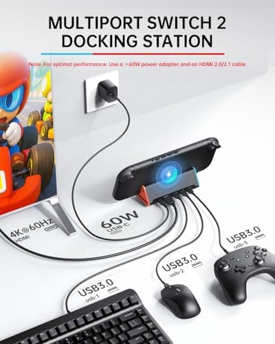 Switch 2 Dock with 60W Charger & HDMI Cable, 4K Portable Docking Station for Nintendo Switch2 Console, Travel TV Connector Stand Base, USB-C Charging Cable, AC Adapter Power Cord, Game Accessories Set — view 5