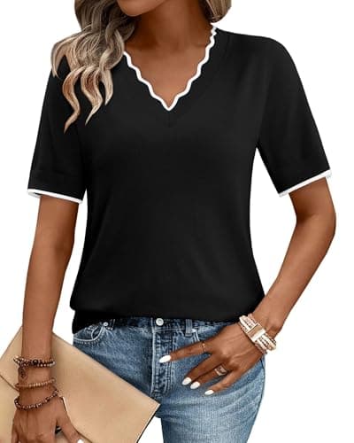 onlypuff Womens Summer V Neck Sweaters Pullover Basic Clothes Cozy Lightweight Sweaters Short Sleeve Tops Black