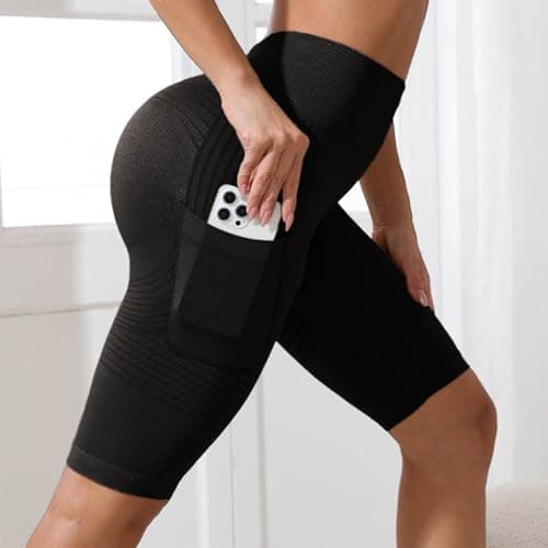 3D Compression AntiCellulite Shorts with Pockets for Women High Waisted Butt Lifting Yoga Pants Workout Tummycontrol (M) Black — view 2