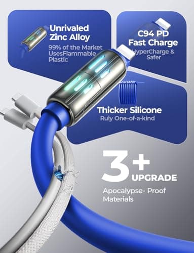 LISEN USB C to Lightning Cable, 240W 4 in 1 Charging Cable 6.6FT, Chubby USB A/C to C/Lightning with Light for iPhone Charger Fast Charging iPhone Air 17 16 15 14 Pro/MacBook/iPad, Dark Blue — view 4
