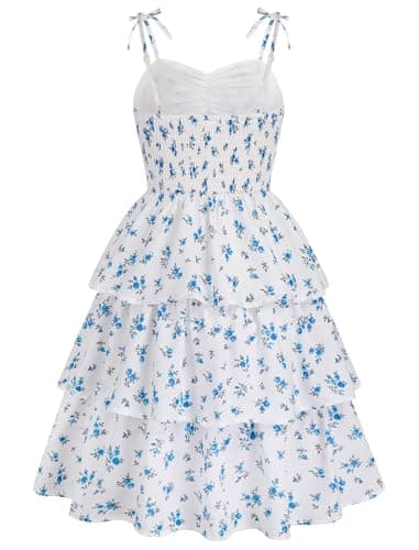 HOZIY Girls Dresses Size 10-12 Tween Summer Spring Easter Short Sundress Teen Semi Formal Party Layered Swing Flowy Boho White Blue Floral Cami Dress — view 5
