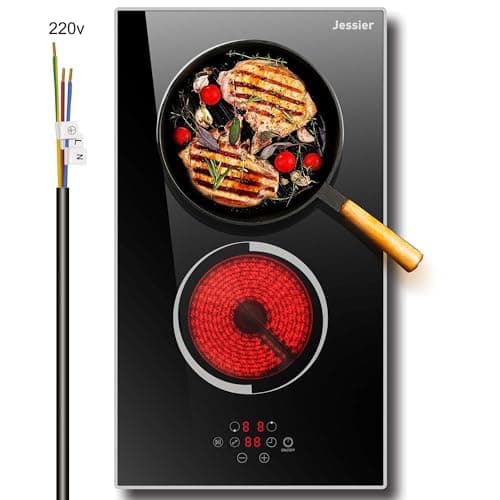 Jessier Electric Cooktop 12 Inch - 2 Burner Countertop & Built-in Ceramic Cooktop, Electric Stove Top with Glass Protection Metal Frame, 9 Heating Level, 3000W, 220-240V Hard Wire(No Plug)