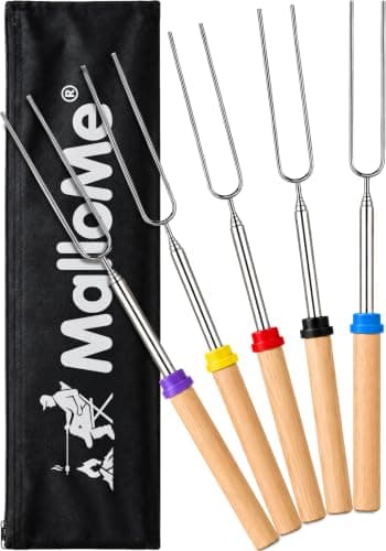 MalloMe Marshmallow Roasting Sticks - Smores Skewers for Fire Pit Kit - Hot Dog Camping Accessories Campfire Marshmellow 32 Inch Long Fork - 5 Pack