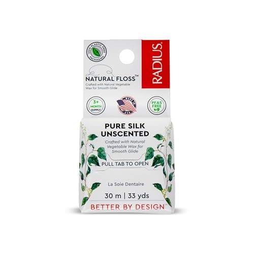 RADIUS Natural Silk Dental Floss, Now 30% Thinner for Smooth Glide in Tight Teeth, Hand-Spun Silk Infused with Coconut Oil, Plastic-Free & Sustainable Packaging, Unscented, 33 YD - Pack of 1