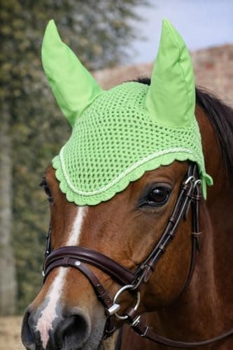 Zainee Sports Handmade Crochet Horse Fly Bonnet – Ear Bonnet Fly Veil for Horses, Breathable Ear Net – Pony, Cob, Full & x-Full (Lime Green, Extra - Full) — view 2