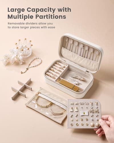 Lolalet Travel Jewelry Case for Women Girls, Travel Jewelry Organizer with Clear Storage Bag Small Portable Jewelry Box for Necklace Bracelet Earring Ring Valentines Bridesmaid Gifts -Medium/Beige — view 3