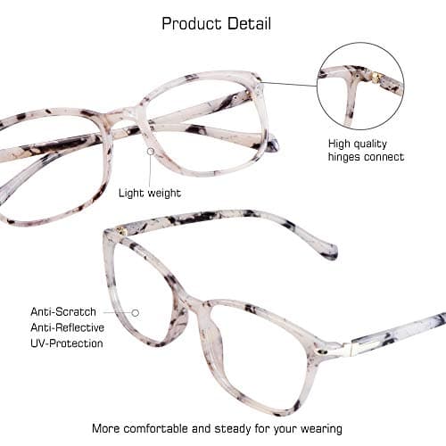 Blue Light Blocking Glasses for Women/Men, Anti Eyestrain, Computer Reading, TV Glasses, Stylish Square Frame, Anti Glare (Marble, No Magnification)