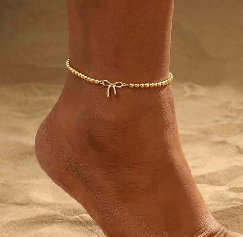 Bykuvo Gold Ankle Bracelets for women,14k Gold Plated Waterproof Layered lightweight Bow Beaded Chain Ankle Bracelets Set Gold Anklets for women Trendy Summer Beach Jewelry Gift for Women — view 2