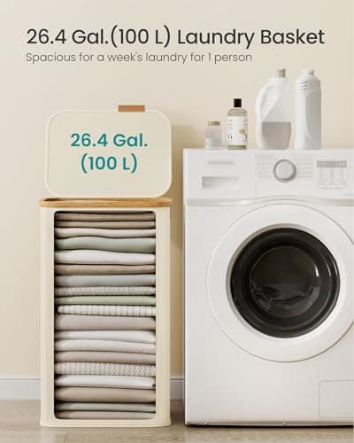 SONGMICS Laundry Hamper, Laundry Basket with Lid, Foldable Storage Basket, Bamboo Frame, for Bedroom, Living Room, Oxford Fabric, 26.4 Gal. (100 L), Cream White ULCB518WD01 — view 3