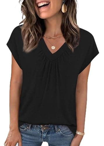 WELINCO Women's Summer Casual Tank Tops Flowy Pleated V Neck Cap Sleeve Tops Black X-Large