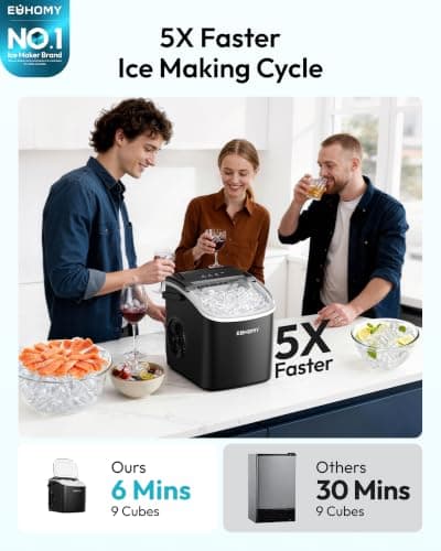 EUHOMY Countertop Ice Maker Machine with Handle, 26.5lbs Per Day, 9 Ice Cubes Ready in 6 Mins, Auto-Cleaning Portable Ice Maker with Basket and Scoop, for Home/Kitchen/Camping/RV (Black)