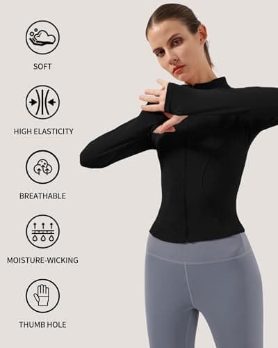 Locachy Women's Lightweight Stretchy Workout Full Zip Running Track Jacket with Thumb Holes, Black, Medium — view 4