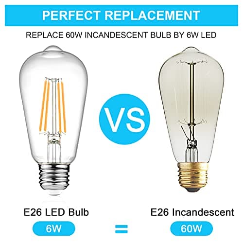Ascher Vintage LED Edison Bulbs, 6W, Equivalent 60W, Non-Dimmable, High Brightness Warm White 2700K, ST58 Antique LED Filament Bulbs with 80+ CRI, E26 Medium Base, Clear Glass, Pack of 4 — view 6