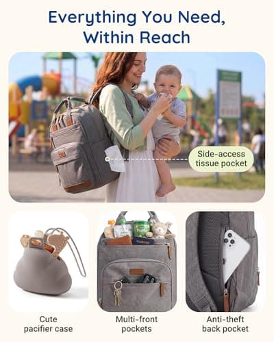 mommore Diaper Bag Backpack with Waterproof Changing Pad, Insulated Bottle Holders & Pacifier Case, Baby Diaper Bag with 2 Organizer Pouches, Stroller Straps, Light Gray