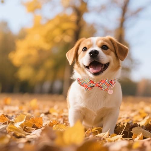 UP URARA PUP Autumn Plaid Dog Collar and Bow Tie Set – Orange Yellow Checkered Adjustable Fall Collar with Maple Leaf Charm for Small Medium Large Dogs, Soft Cotton Pet Collars with Buckle and D-Ring — view 4