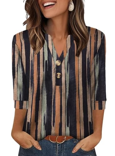 WIHOLL Womens Tops 3/4 Sleeve Shirts for Women V Neck Blouses Dressy Casual Womens Summer Clothing Trendy 2026 Vertical Stripes L